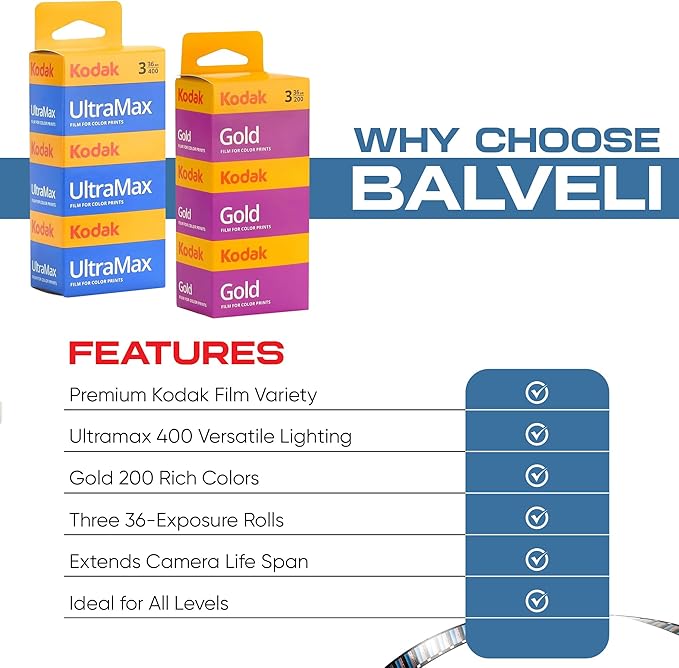 Kodak Ultramax 400 & Gold 200 35mm Film Bundle - 6 Rolls (36exp Each) - Includes Balveli Microfiber Cloth
