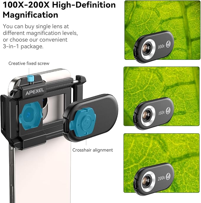 APEXEL Phone Microscope Lens, PhoneMicro 5 Series 200X Phone Micro Lens for Android/iPhone With LED Light/CPL/Universal Clip, Mini Pocket Microscope, Smartphone Camera Attachment for iPhone & Android.