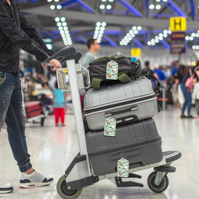 Luggage Tags for Suitcase, 4 Pack PU Leather Travel Cruise Luggage Tag with Privacy Flap, Name ID Label and Metal Loop for Women Men Girls Suitcase Baggage Bag Backpack, Green Flowers