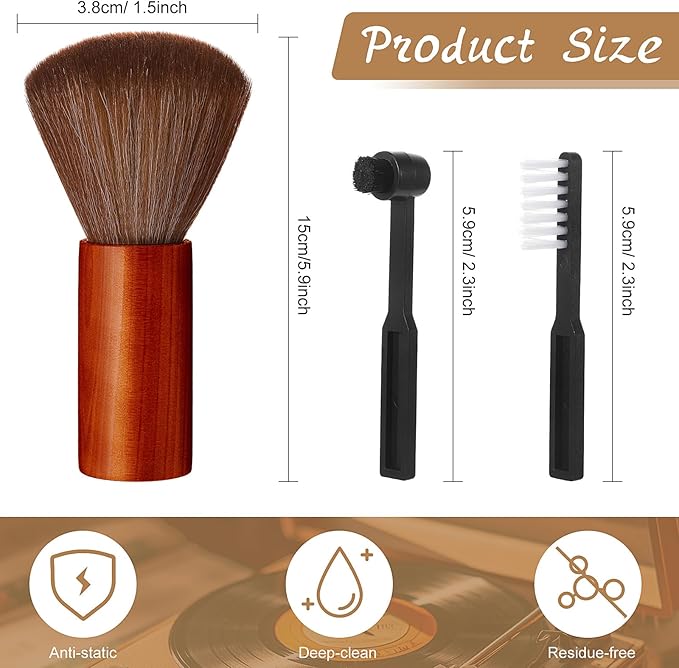 3 Pcs Vinyl Record Cleaning Brush Wooden Anti Static Dust Record Vinyl Cleaner Kit Player Accessories Gift for Music Lovers(Reddish Brown)