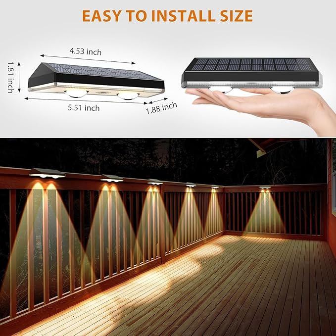Solar Fence Lights,RGB & Warm White & 6 Colors Lens LED Dusk to Dawn Deck Light Outdoor Waterproof, Solar Outdoor Lights for Backyard/Railing/Wall/Step/Patio/Pool Set of 2