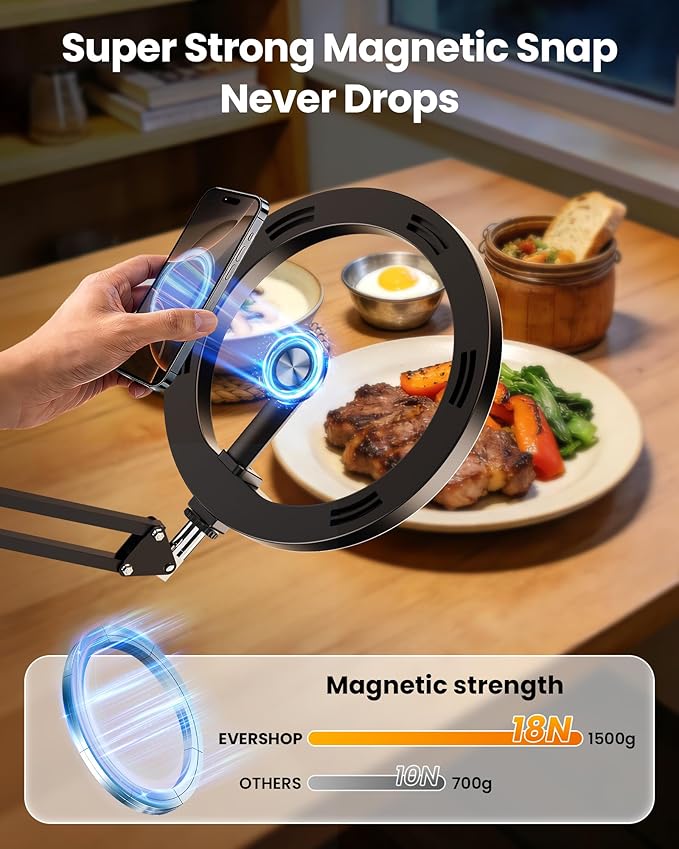 Magnetic Ring Light Overhead Camera Phone Mount for Desk, 10” Selfie Light for iPhone with MagSafe-Compatible Phone Holder for Video Recording, Zoom Meeting, Live Streaming