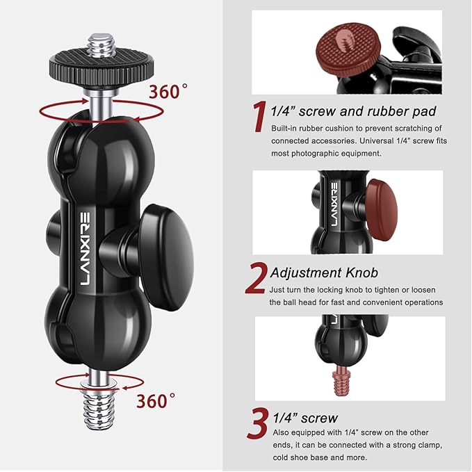 Camera Mount Super Clamp with Double Ball Head Magic Arm - 360° Rotation - 1/4" and 3/8" Threaded Holes - Fits for Cameras, Led Lights, Monitor, Flash, Microphone - 2 Pack