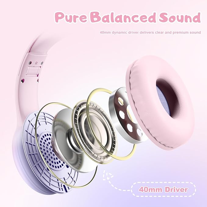 USB Type C Kids Headphones, Wired Headphones for Kids with Microphone 85/94dB Volume Limit, Stereo Sound Portable Over Ear Headphones for School/Travel/Tablet/iPad, Gradient Pink