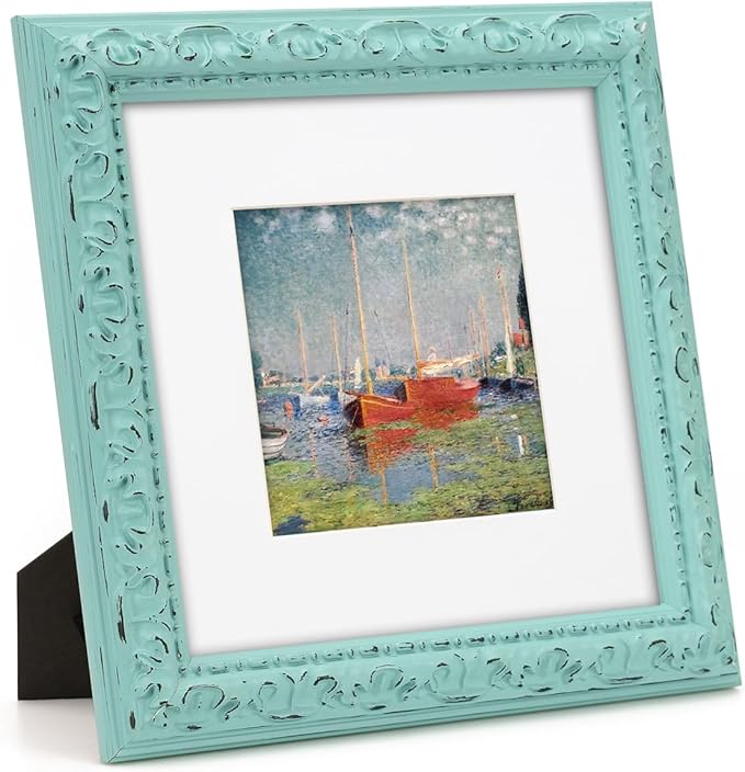 8x8 inch Distressed Wood Embossed Scroll Motif Vintage Antique Rustic Picture Frame, White Mat for 5x5 in Photo, Art Print Drawing, Wall Hanging or Desktop Display-Turquoise Blue
