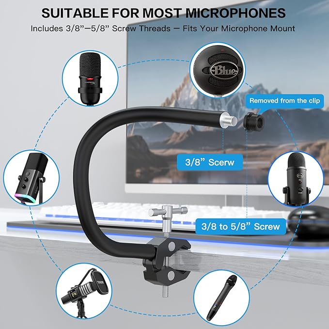 ZealSound Gooseneck Microphone Stand with Clamp, Flexible 19'' Boom Arm Mic Mount for Desk & Pipes, Compatible with Blue Yeti, Snowball, Razer, Pyle, Podcasting & Streaming