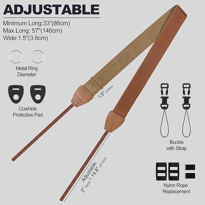 Universal Camera Strap - Camera Neck Strap, Adjustable Shoulder Straps Compatible with Canon, Fujifilm, Nikon, Olympus, Panasonic and other SLR and mirrorless cameras - Khaki and Brown