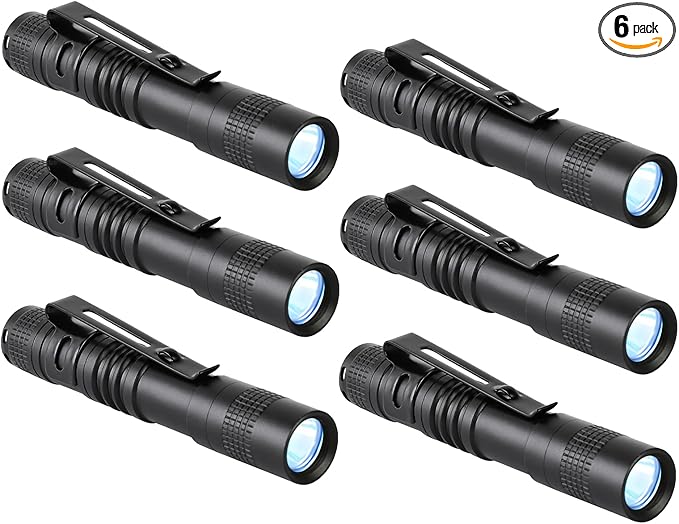 Mini Pocket Flashlight, Small LED Pen Light with Clip, 500 Lumen Torch Powered by AAA Battery, Portable Versatile for Inspection Medical Repair Camping Outdoor Emergency (3.5" 6 Pack Purple)