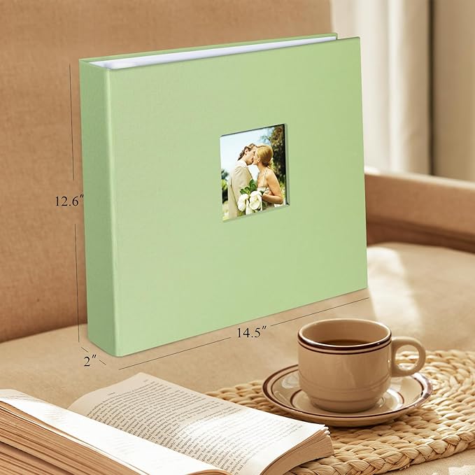 1DOT2 12x12 Inch Large 3 Ring DIY Scrapbook Photo Album Journal with 30 Plastic Sleeves 60 Pages and Fabric Cover for Baby Travel Wedding Anniversary kids Adventure (Sage Green Cover/White Pages)