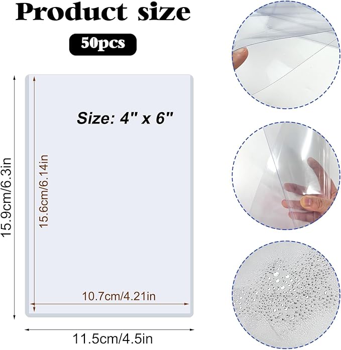Rainmae 50 Pack 4" x 6" Rigid Print Protectors, Clear Waterproof Hard Plastic Page Sheet Protectors, B6 Paper Sleeves Photo Plastic Sleeves Document Holder Birth Certificate Protector
