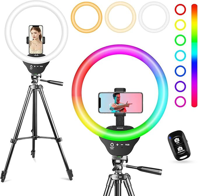 Sensyne 10'' RGB Ring Light with 50'' Extendable Tripod Stand, Circle Lights with Phone Holder for Live Stream/Makeup/YouTube Video/TikTok, Compatible with All Phones