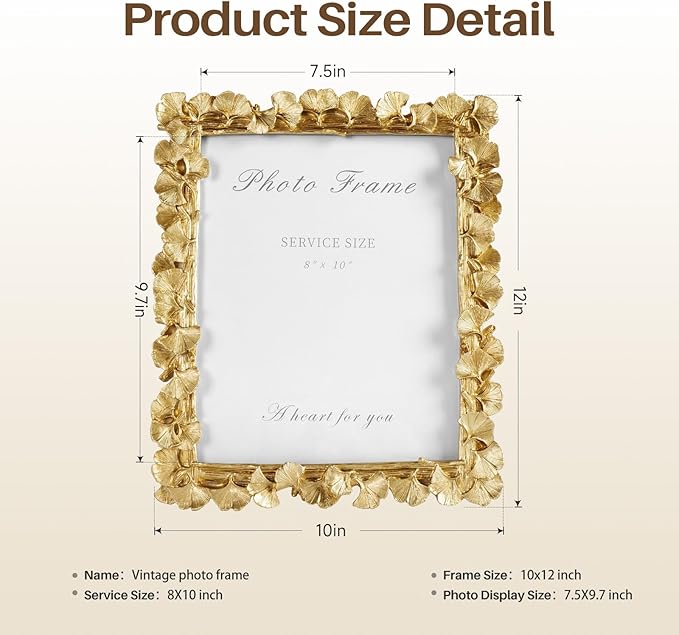 8x10 Picture Frame Gold Picture Frames, Vintage Ornate Frame Leaf Textured Hand-Crafted Resin with Glass Front, Antique Photo Frame for Wall Hanging and Tabletop Display, Retro Design Home Decor