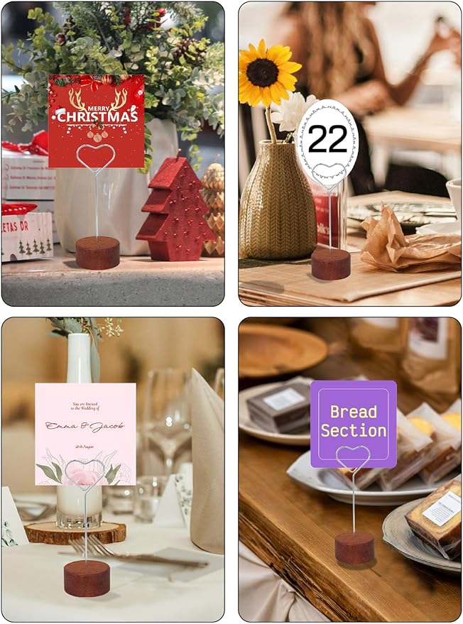 6Pack Wood Table Number Holders with Metal Clip, 4.3" Tall Place Card/Name Sign Holder, Memo Card Photo Picture Note Clip Stands for Party Restaurant (Silver Heart)