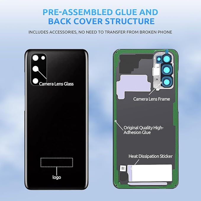 Back Glass Replacement for Samsung Galaxy S20 SM-G980 G981 Back Cover Rear Housing with Camera Lens + Repair Tool Kit Genuine Rear Glass (Blue)