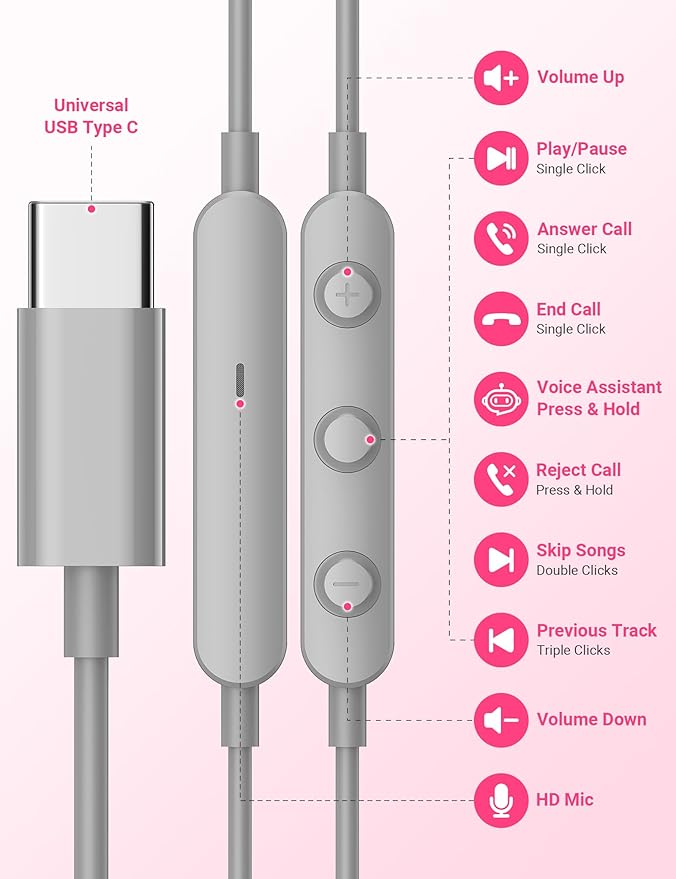 USB C Earbuds with Microphone Cute in Ear Wired Headphone USB-C Plug Ear Buds Corded Head Phone Magnetic Type C Earphone for iPhone 17 Pro Max 16 Plus 15 16e for Samsung A17 A16 S26 S25 S24