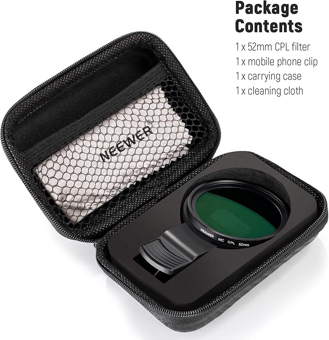 NEEWER 52mm CPL Filter for Phone, Clip On Circular Polarizing Lens Filter with Phone Clip, Case & Cleaning Cloth Compatible with iPhone 17 16 Android Samsung Galaxy S25 Ultra Camera, FL-26