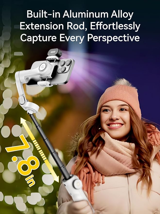 AOCHUAN Gimbal Stabilizer for iPhone w/RGB Magnetic Fill Light, Foldable Gimbal w/7.8' Extension Rod & OLED Display for Vlogging & Filmmaking, Compatible with iPhone 16/15 Pro Max-Smart X2 Kit White