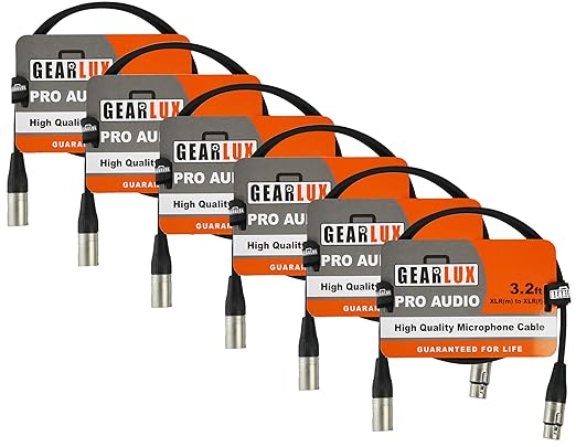 Gearlux XLR Microphone Cable, Fully Balanced, Male to Female, 3.2 Feet - 6 Pack
