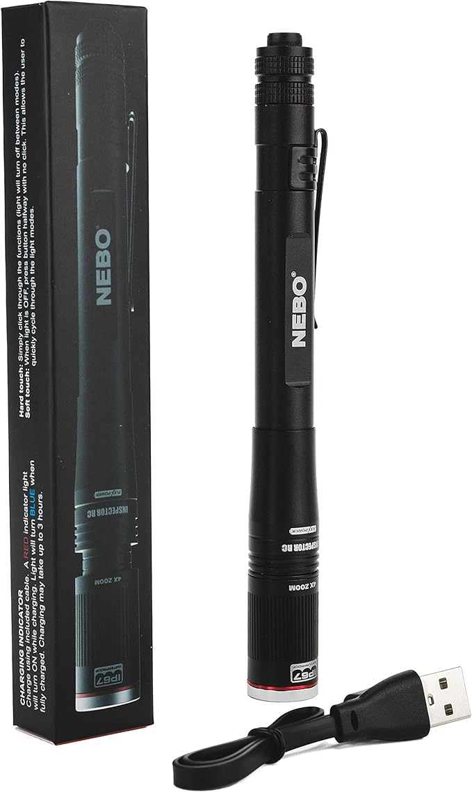 NEBO INSPECTOR RC Pen Light | 360 Lumens, 3 Light Modes, Rechargeable & AAA Battery Powered LED Flashlight, Waterproof, Compact & Durable, Pocket Clip for EDC, Includes USB Charging Cable