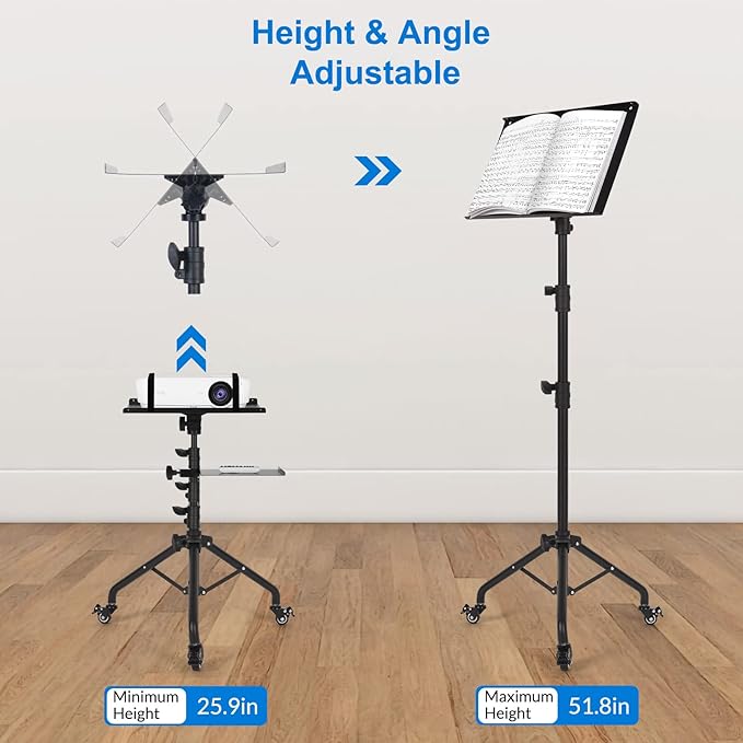 Laptop Tripod on Wheels with 2 Shelves, Portable Projector Floor Stand Adjustable Height 25.9 to 51.8 Inch with Phone Holder