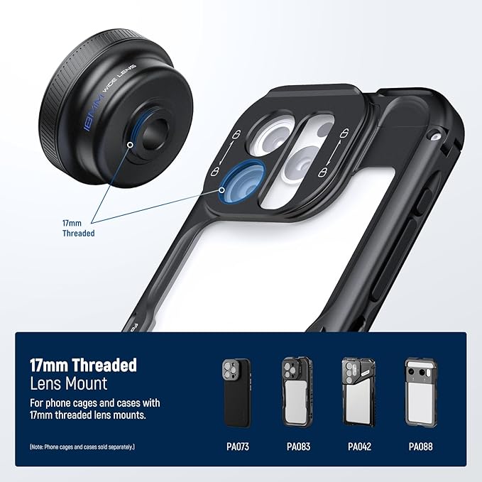 NEEWER 18mm Wide Angle Lens with 17mm Threaded Phone Camera Lens Clip, 100° FOV, 0.75X Magnification, 6 Elements in 5 Groups, Compatible with iPhone Android Samsung for Mobile Photography, LS-72