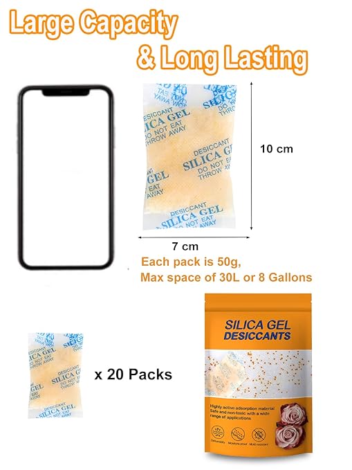25 Pcs 20 Gram Silica Gel Packets, Fast Drying & Reusable Desiccant Packs, Non-Toxic Moisture Absorber for Food Storage, Electronics, Closet, 3D Printer, Books & Precision Instruments