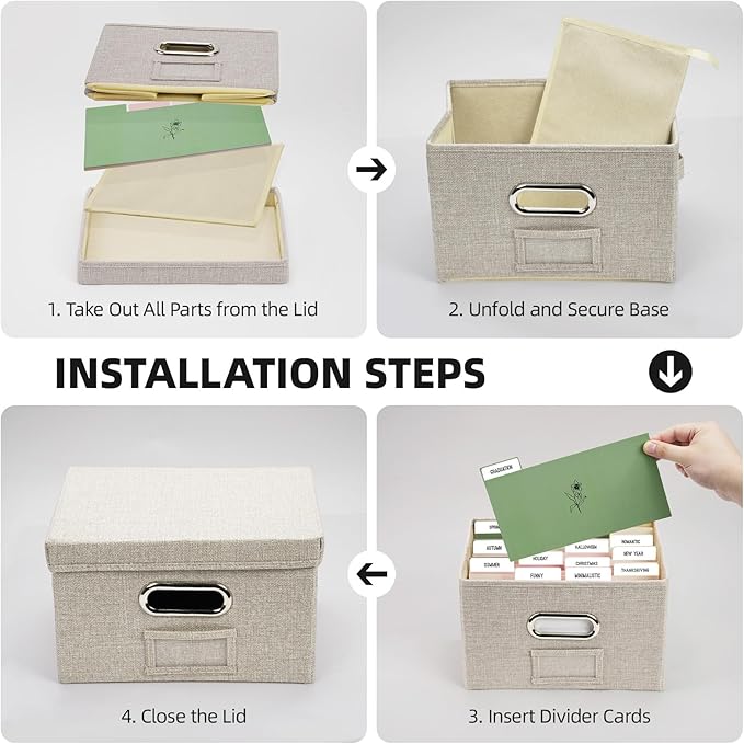 Hiwhy Greeting Card Storage Box, Linen Storage Box with 16 Adjustable Dividers, 84 Labels, 1 Marker Pen, Perfect for Organizing Greeting Cards, Envelopes, Photos 1 Pack Beige