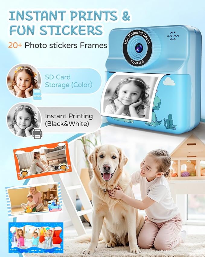 Kids Camera Instant Print, Digital Selfie Cameras with Carry Case & 5-Color Paper, Portable Toddler Toy Christmas Birthday Gifts for 3 4 5 6 7 8 9 10 11 12 Year Old Boys Girls - Blue