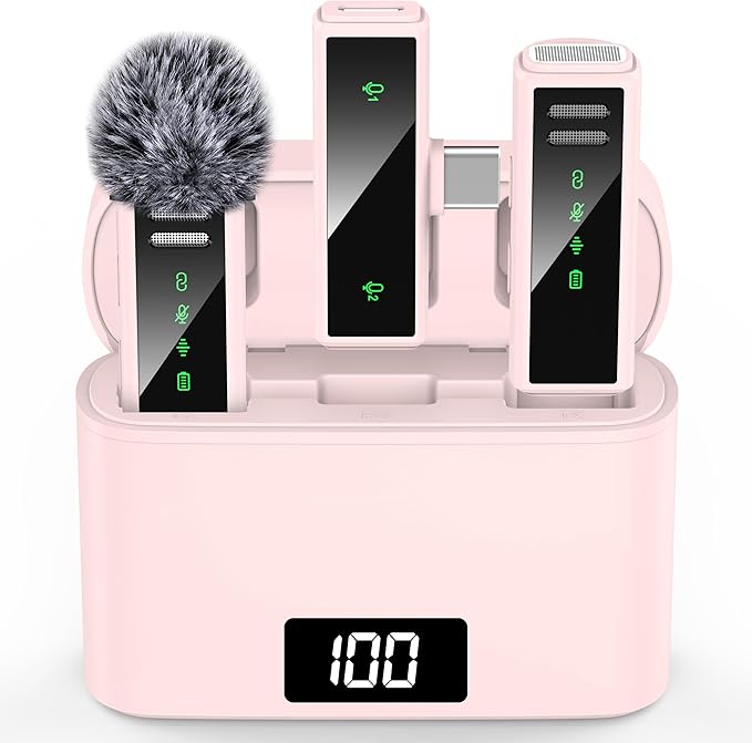 Wireless Lavalier Microphone for iPhone 15, Android, PC, Laptop, USB C Mini Microphone with Noise Cancellation, Mini Microphone for Video Recording, Vlog, YouTube, TikTok (Pink)