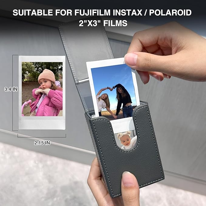 CAIYOULE Photo Holder Storage Case for Fujifilm Instax Mini Film 41/12/11/90/9/8/7/7+/EVO/SE, PU Leather Picture Holder for Polaroid with Pocket Outside, 2.5x3.7 Protective Case Hold 50+ Photos, Grey