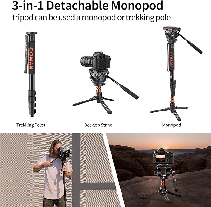 Monopod for Camera, COMAN Camera Monopod with Feet Q6 Fluid Head with Tripod Stand 71.25 inch Max Load 22 Lbs for Photography, Cameras, Canon, Nikon, Sony, DSLR, Video Camcorder