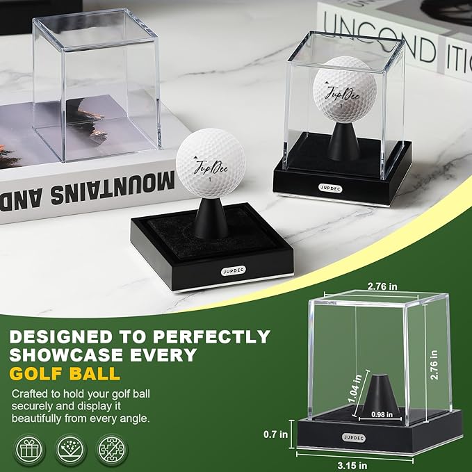 JupDec Golf Ball Display Case, Clear Acrylic Single Golf Holder with Durable Base, Dustproof Cube Showcase with Black Velvet Interior, Ideal Gift for Sports Memorabilia Fans & Collectors