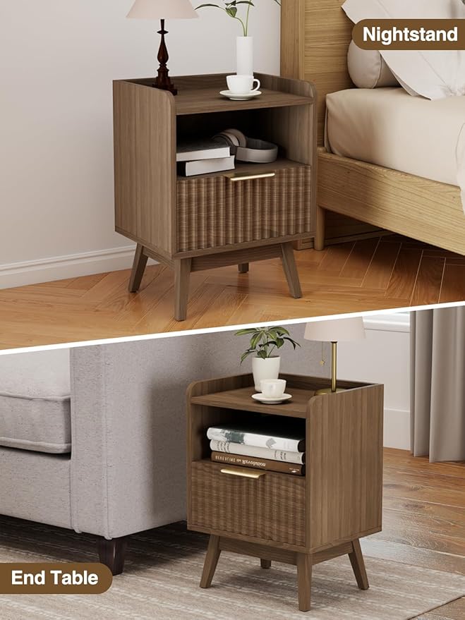Modern Fluted Nightstand with Drawer and Open Storage Shelf, Bedside Table with Raised Edge, Boho Night Stand with Solid Wood Legs & Metal Handle, End Table for Bedroom Walnut