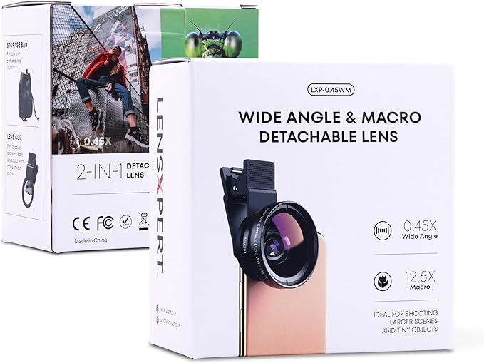 LensXpert® Universal 2-in-1 Cell Phone Camera Lens Kit: 0.45X Super Wide Angle & 12.5X Macro Lens, Clip-On Attachment for iPhone, Samsung, Android Smartphones – Capture Stunning Photos Anywhere