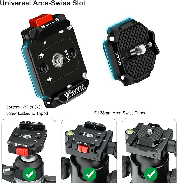 SY38 Camera Quick Release Plate Kit V2,Auto-Lock 38mm Camera Tripod Quick Release Mount Multi-Functional Base,Use for Tripod, Monopod,Slider Etc Quick Release Adapter,V3803