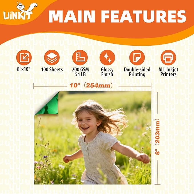 Uinkit Double Sided Photo Paper Glossy 8x10 inches 54lbs Inkjet for Dye Ink 200Gsm Value Bulk Pack Picture 8.5 x 10 9.5Mil for Inkjet Printing Printer (100, 8x10)