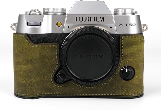 Handmade Genuine Leather Camera Half Case for Fujifilm X-T50 - Top Layer Cowhide Body + Hand Sewn Saddle Stitch + Metal Base Plate + Hand Shank Free 4-in-1 Design (Dark Green)