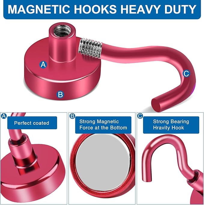 LOVIMAG Red Magnetic Hooks for Cruise Cabins, 120LBS Cruise Essentials Must Haves, Cruise Magnets, Magnetic Key Holder, Strong Magnetic Hooks for Hanging, Fridge, Grill -12 Pack