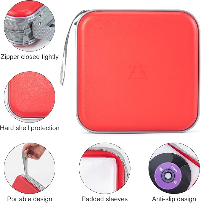 alavisxf xx CD Case, 48 Capacity Hard Plastic DVD Case Portable Zipper CD Holder Large Storage Disc Wallet Bag for Car Home Travel (Red, 48 Capacity)