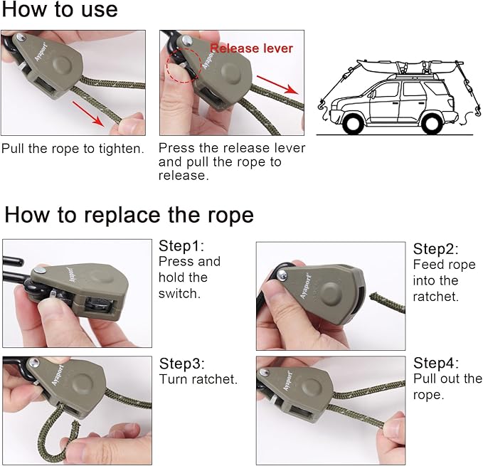Ayaport Kayak Rope Tie Down 6ft Olive Drab Ratchet Straps Bow and Stern Ratcheting Tie Downs Rope Hanger Kayak and Canoe Accessories