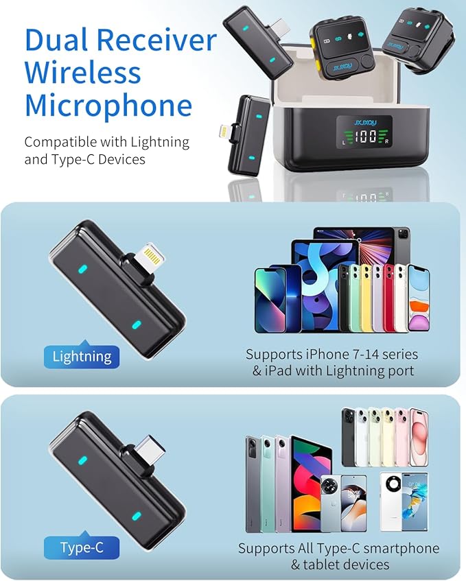 Wireless Lavalier Microphone for iPhone:JXJXQU Mic with Smart Noise Reduction, Reverb Effect, 30H+ Battery Life - Ideal for Video Recording/Podcasting/Streaming - Suitable for Vloggers and Streamers
