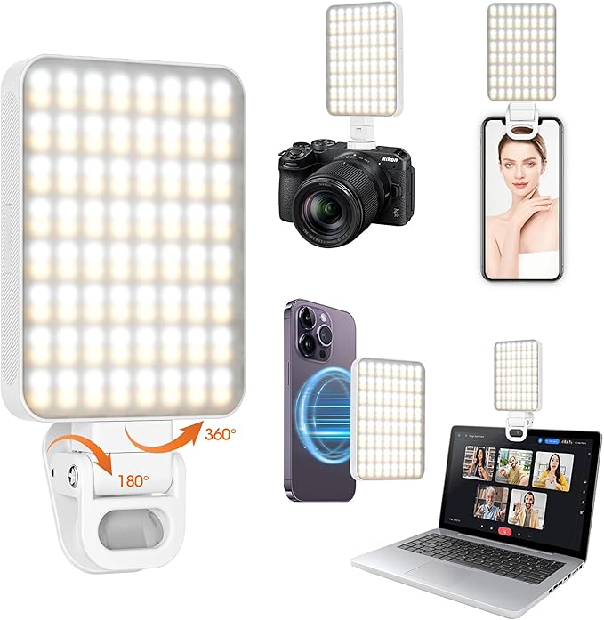 Magnetic Selfie Light, Portable Phone Light Clip, Rechargeable Ring Light for Video Recording, Conference, Live Streaming, TikTok, Makeup, Compatible with iPhone, Laptop, and Camera, White