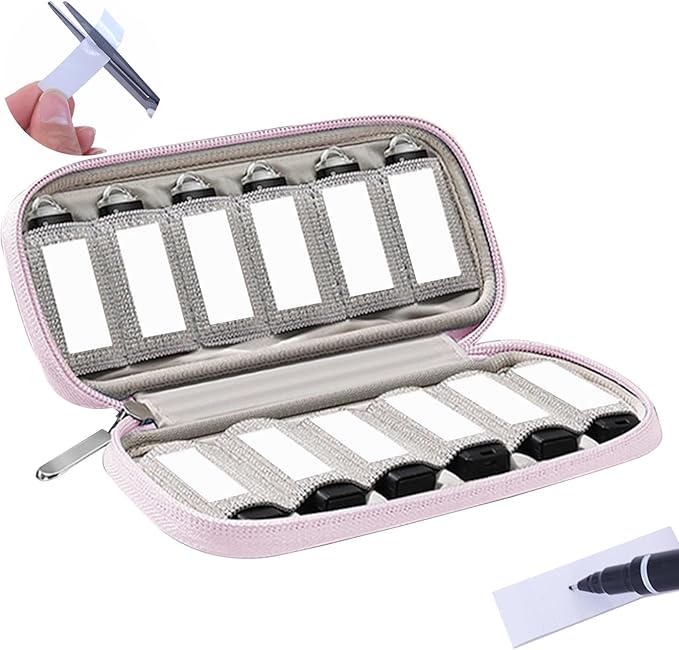 VNEIRY 12-Slot USB Drive Organizer w/Velcro Labels & Quick-Dry Marker - Peel & Stick Anywhere! Secure Case for Thumb/Jump Drives | Fits Most USB Sticks | 12-Capacity |Pink