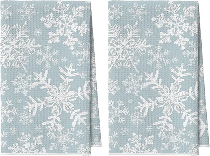 Artoid Mode Aqua Snowflakes Winter Bar Kitchen Towels, 12x24 Inch Quick Dry Microfiber Cloth Dish Towels for Kitchen Drying Set of 2