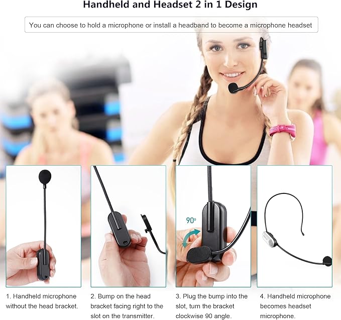 Bietrun UHF Wireless Microphone Headset, 165ft Range, Working Time 6H, 1/4''Plug, Wireless Headset Mic ＆Handheld Mic 2 in 1, for Karaoke Speaker, Amplifier, Speakers, PA System, Teaching, Fitness