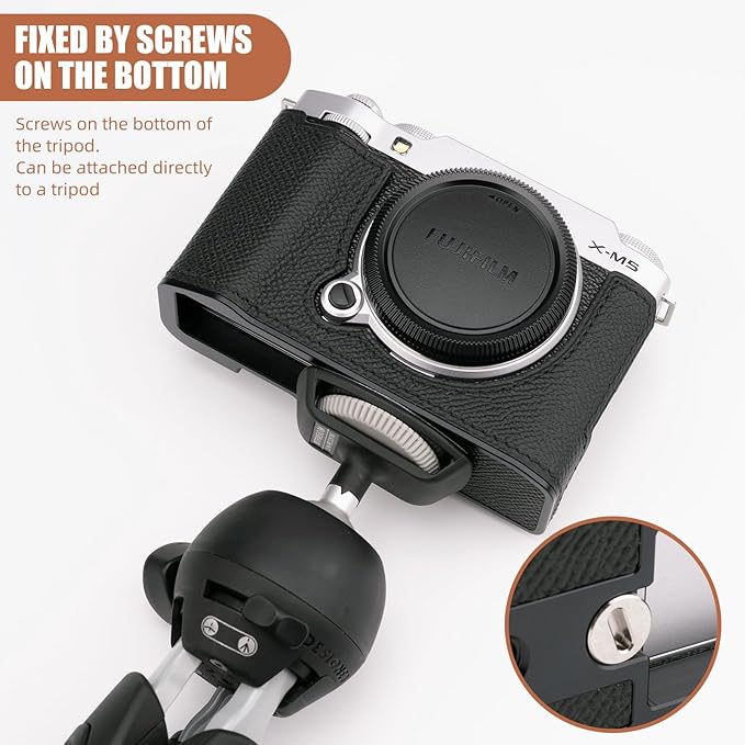 Handmade Genuine Leather Camera Half Case for Fujifilm X-M5/Fujifilm X-M5 Case - Top Layer Cowhide Body + Metal Base Plate (Black & Black Link)