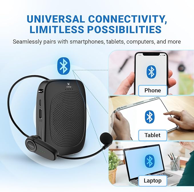Wireless Voice Amplifier with Headset Microphone,Personal Wireless Bluetooth Amplifier with Mic,Teachers Microphone Wireless,Mini Megaphone Speaker,Portable PA System for Classroom C002