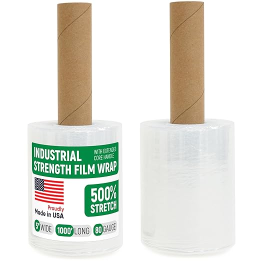 Paclord 5" x 1000' Industrial Strength Mini Stretch Wrap Rolls with Extended Core Handles, Ready to Use Pack of 2 Clear Stretch Film Rolls, 80 Gauge, 500% Elongation - Shrink Wrap for Moving, Packing