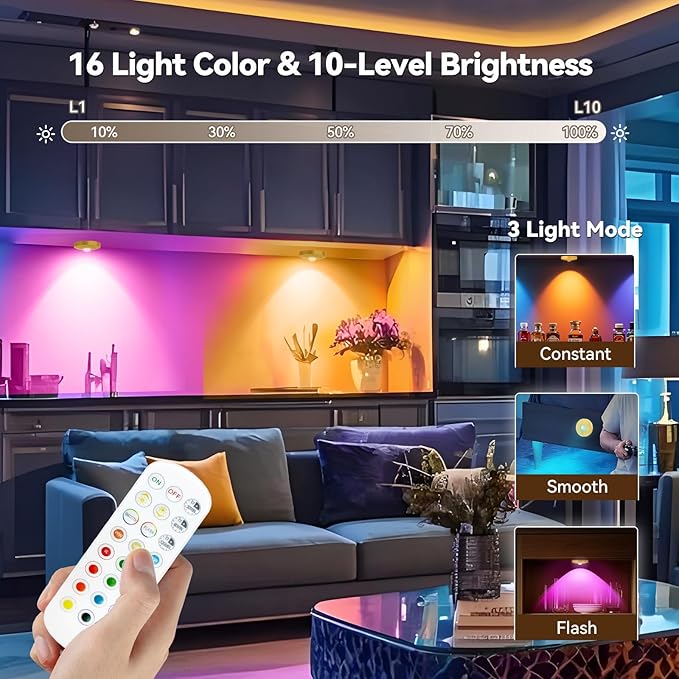 Yiliaw Rechargeable Puck Lights with Remote, Magnetic Under Cabinet Lighting, 1500mAh Battery Operated LED Tap Lights with Dimmer & Timmer for Kitchen, Closet, Shelf，Gold-3 Color Temps-12RGB，12-Pack