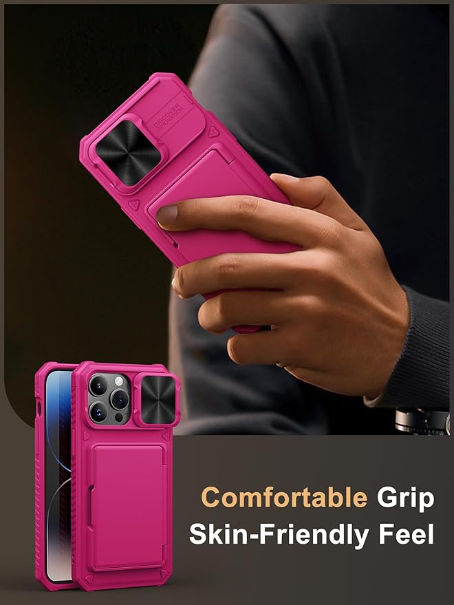 Vihibii for iPhone 14 Pro Max Case with Card Holder (4 Cards), [RFID Blocking] & Slide Camera Cover & Raised Edges Protect Screen, Military Grade Drop Protection, Rugged Wallet Case, 6.7", Hot Pink